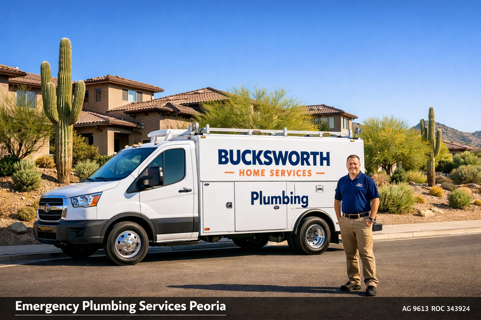 Bucksworth Home Services emergency plumbing truck and technician in Peoria's Vistancia neighborhood.