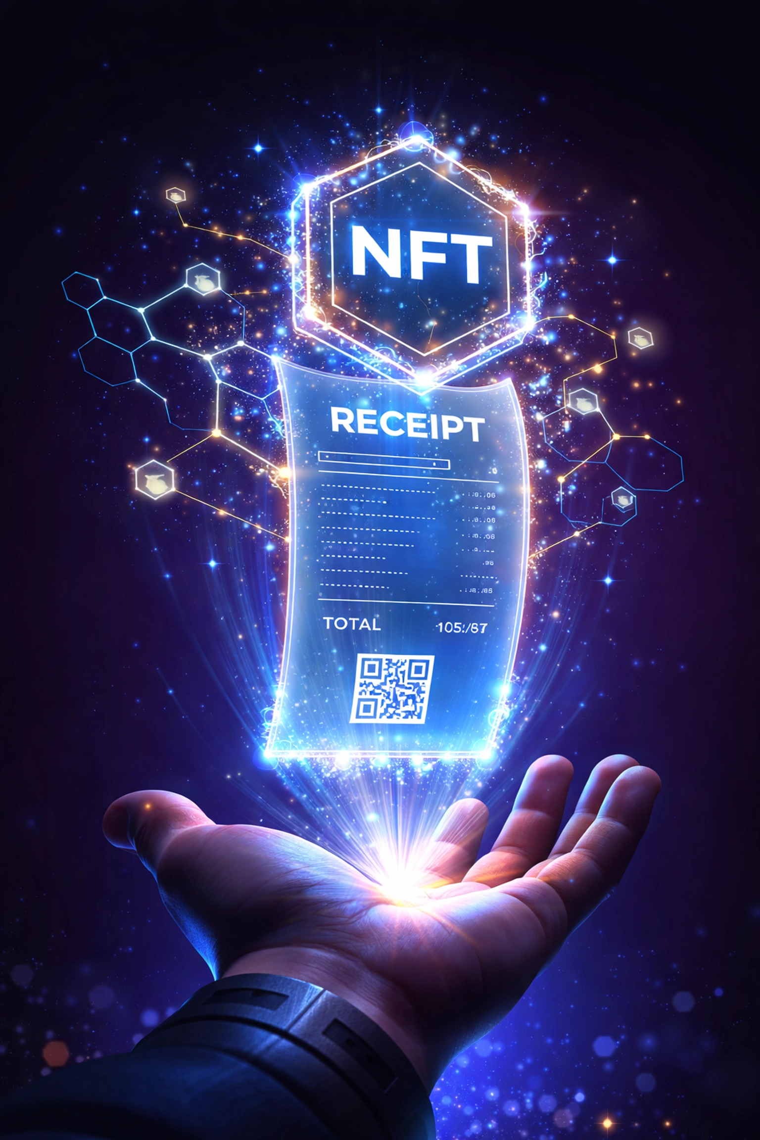 NFT receipt glowing above a hand, representing immutable blockchain payment records for merchants