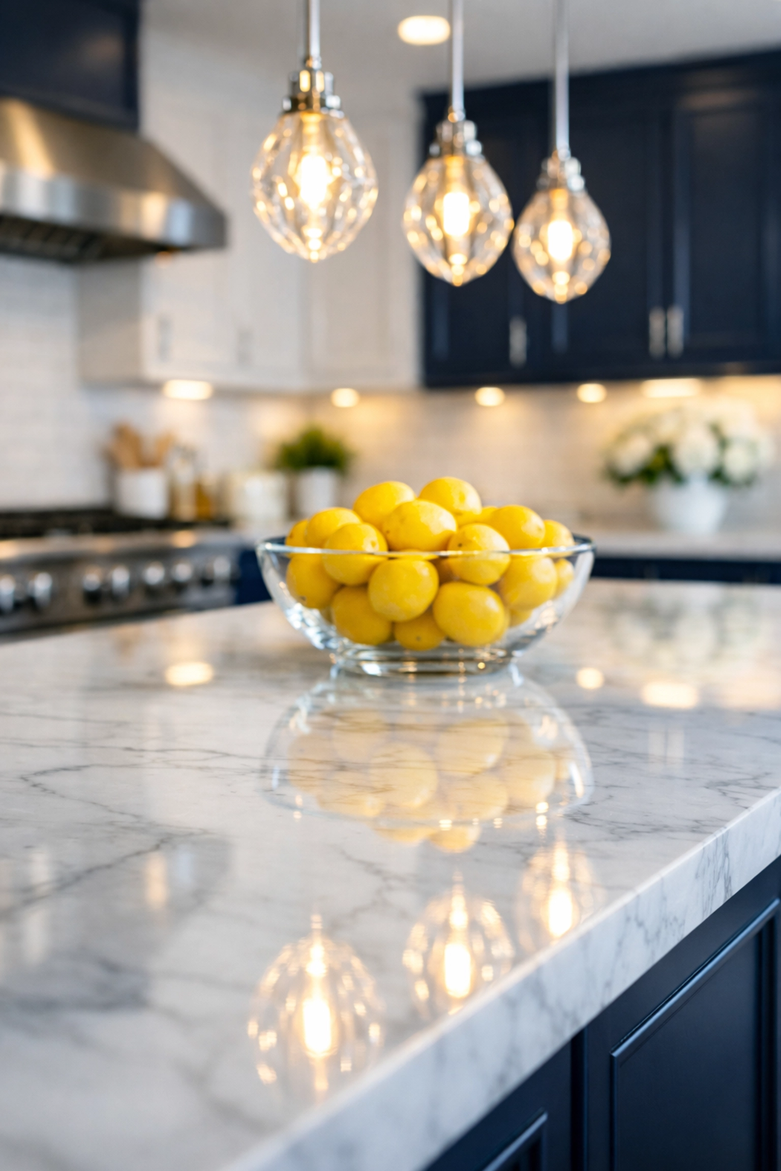 Polished white marble kitchen island showing detailed bi-weekly house cleaning in Weston.