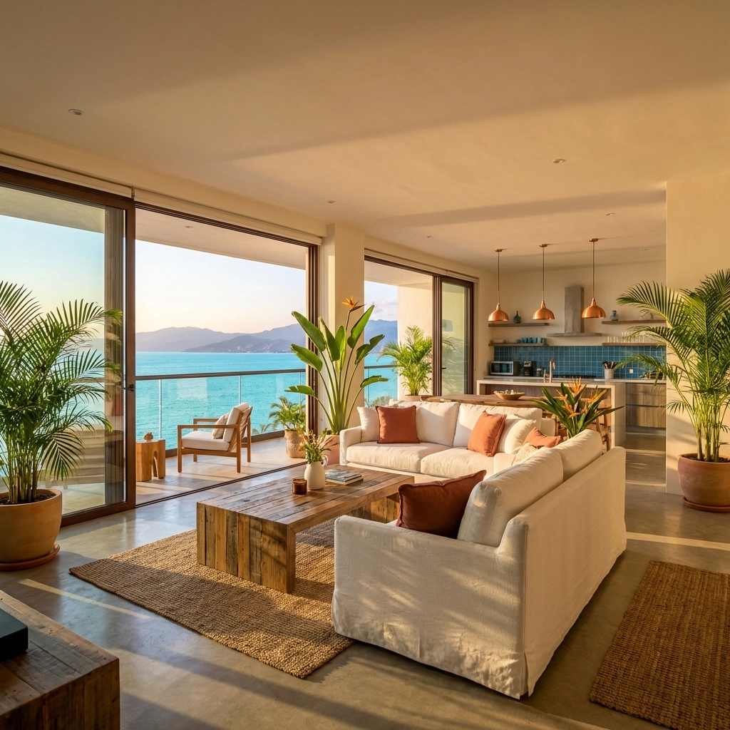Modern Puerto Vallarta condo living room with ocean views and tropical decor, perfect for vacation rentals