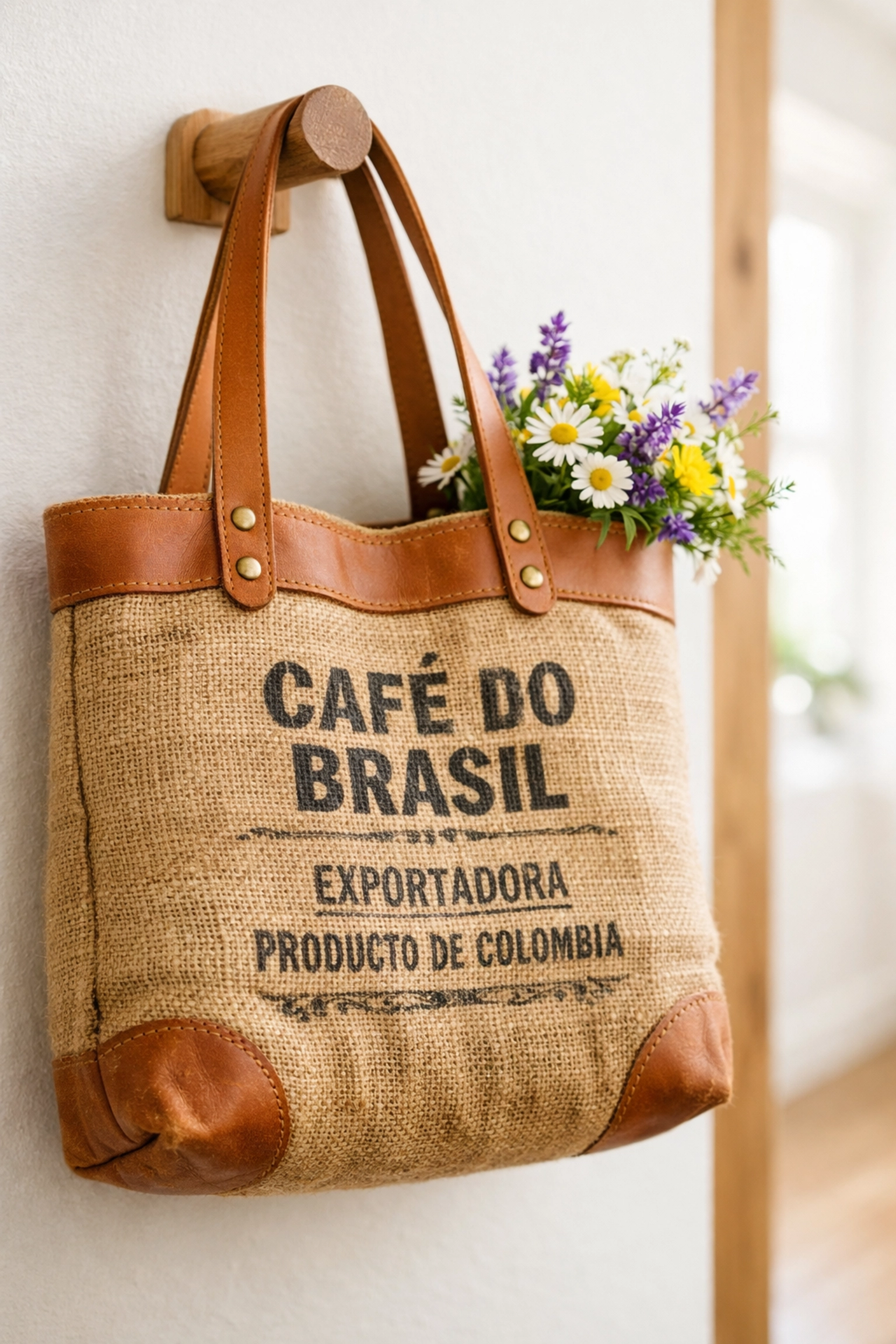 Handcrafted tote bag made from a repurposed jute coffee sack with stylish leather handles.