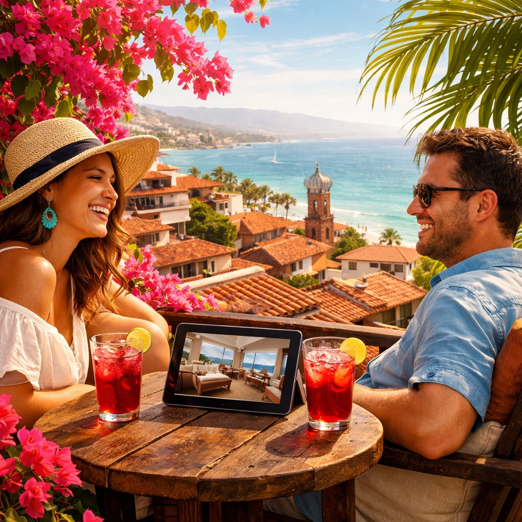 Couple on an Amapas balcony overlooking Banderas Bay, perfect to rent apartments in Puerto Vallarta for a couples getaway.