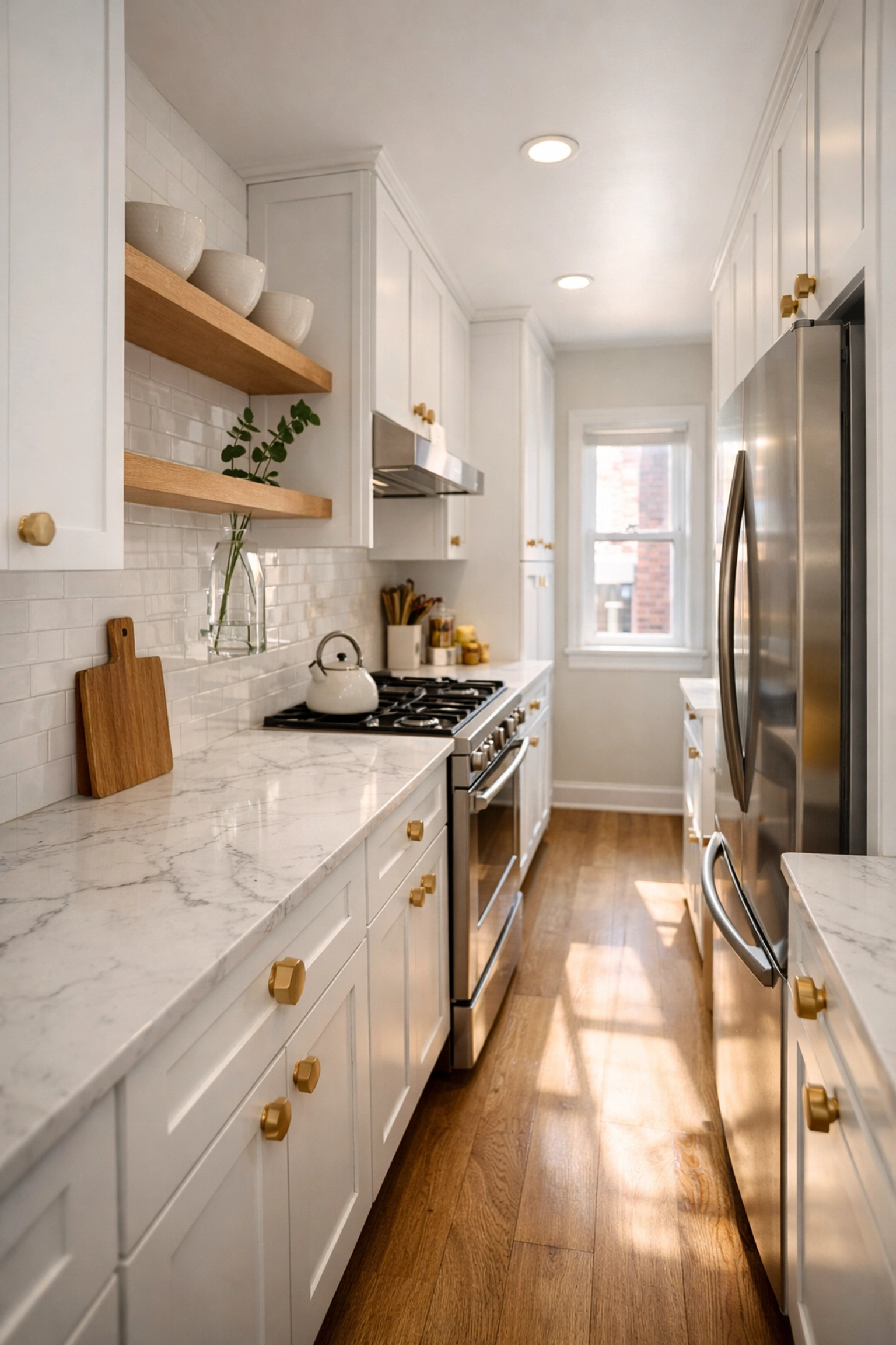 Modern Detroit house renovation kitchen featuring trendy gold hardware but limited counter space.