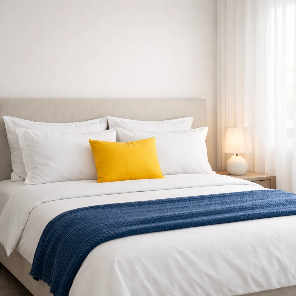 A tidy and serene bedroom featuring white linens, maintained by a reliable maid service Natick MA.