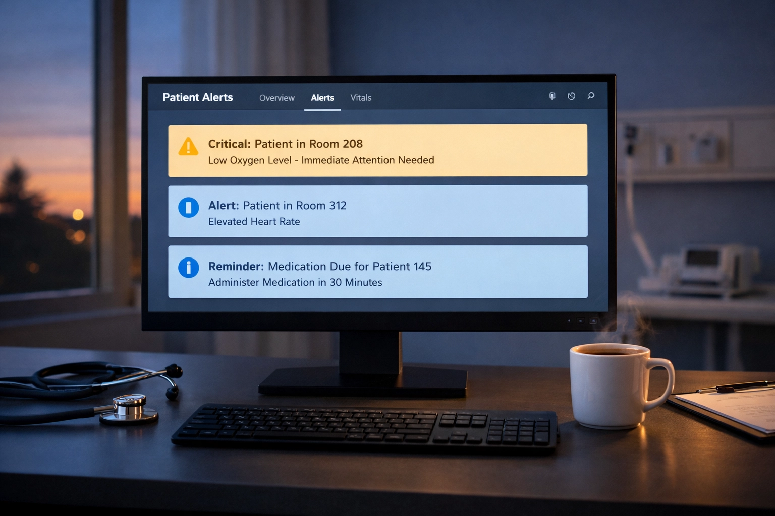 Clean healthcare monitoring station with minimal alerts demonstrating smart filtering to reduce alert fatigue