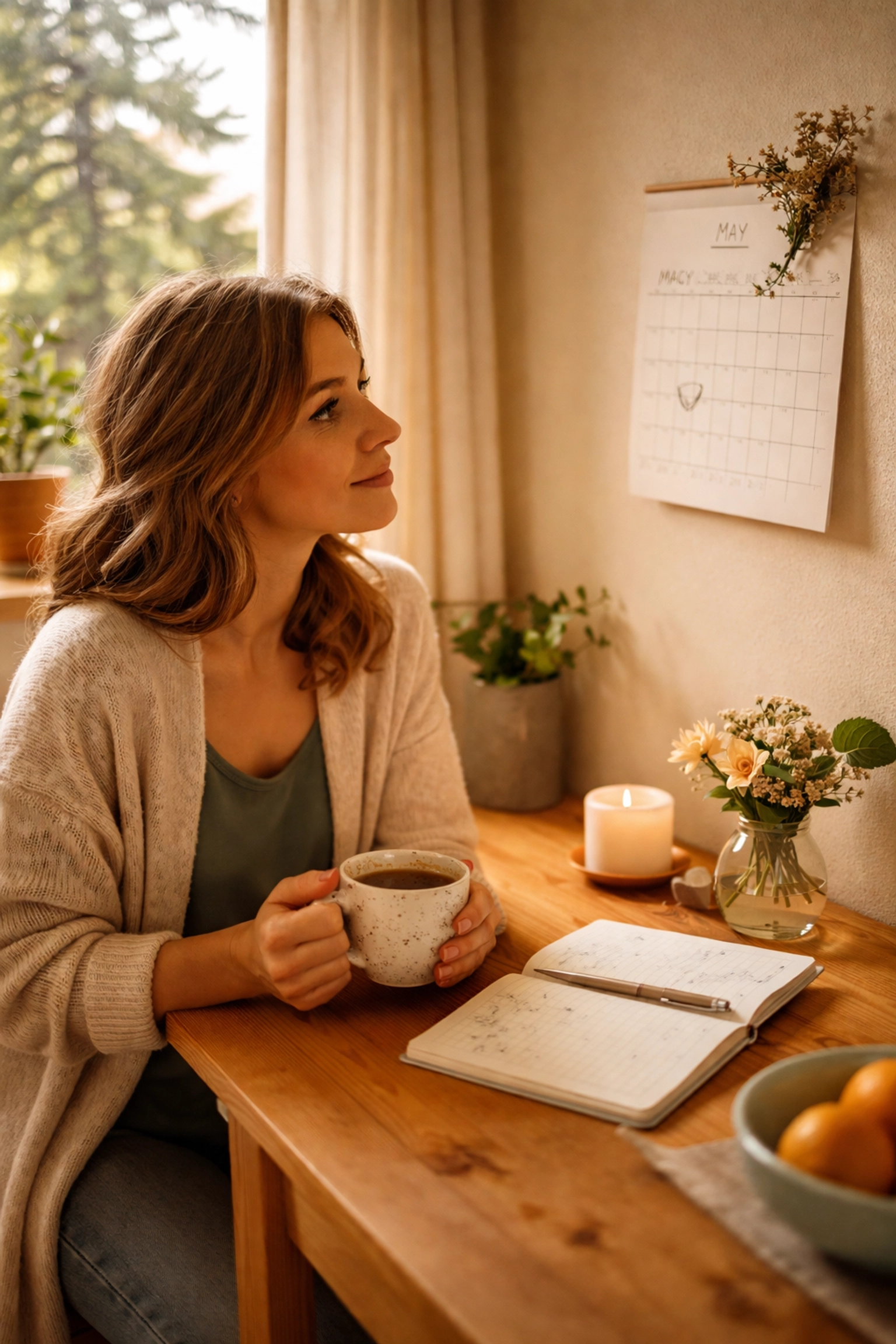A surrogate in Oregon smiles while planning her surrogacy timeline at home, using a wall calendar and enjoying a calm moment.