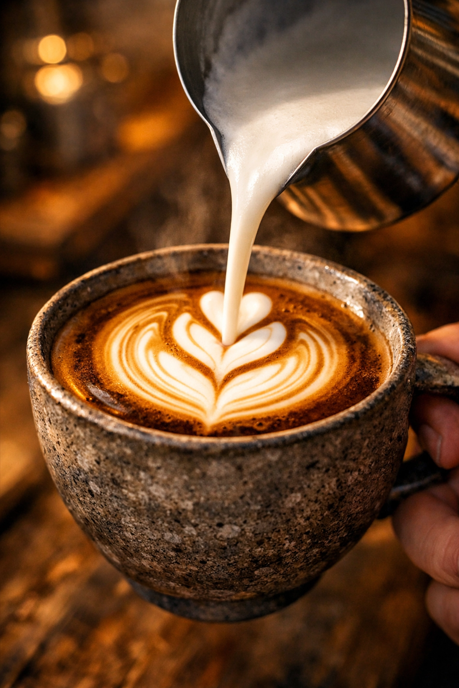 Close-up of a barista pouring latte art into a cup of specialty espresso.