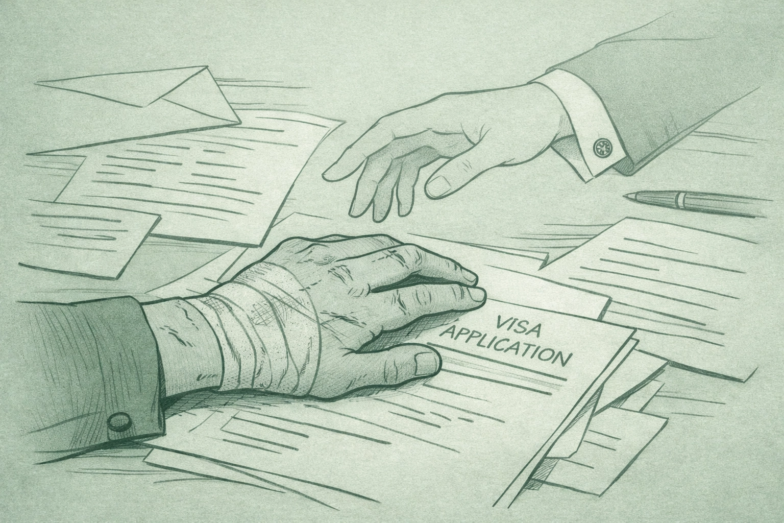 Scarred diplomat's hands on desk symbolize loss in MM political romance