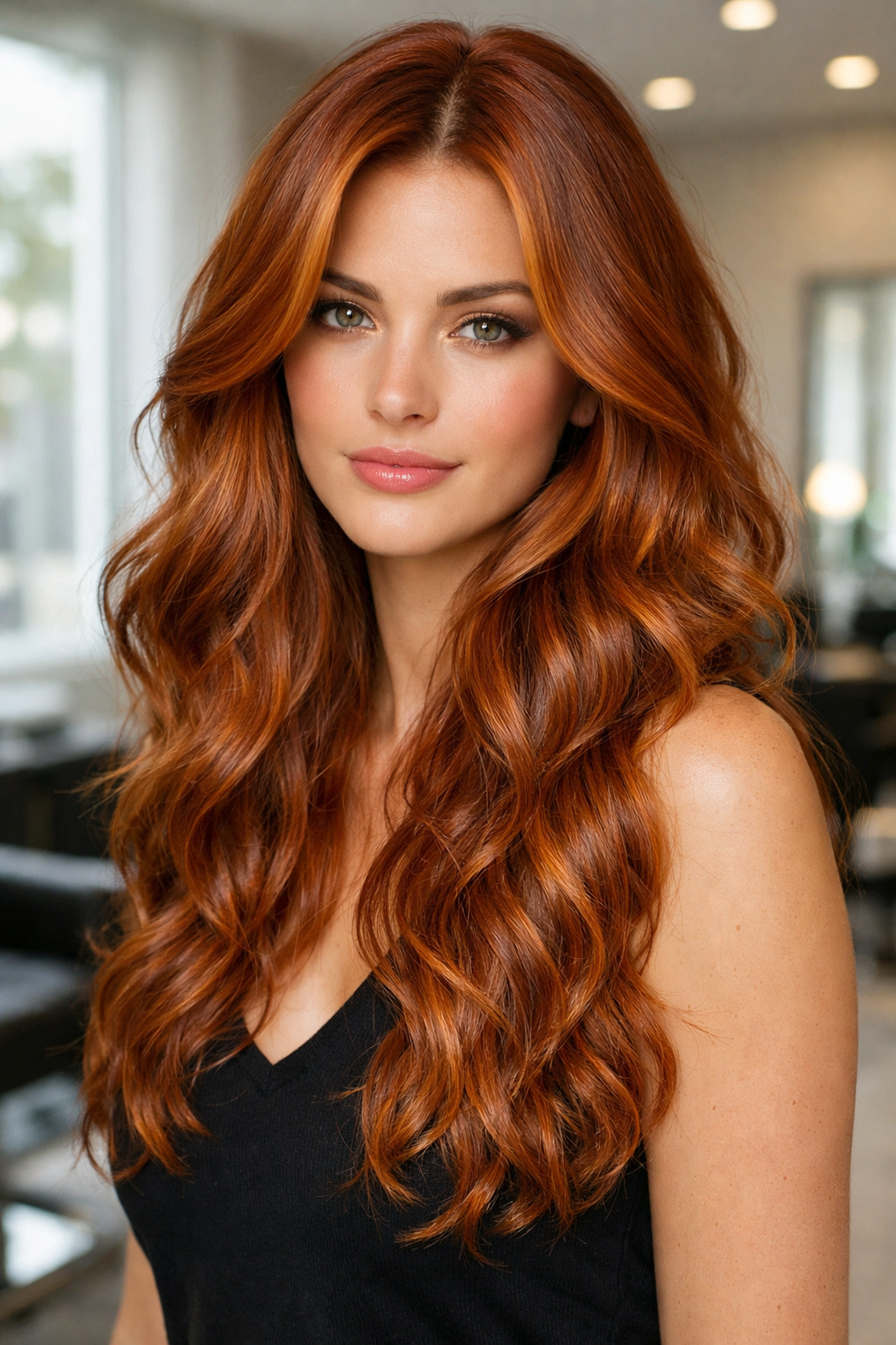 Long voluminous waves of cowboy copper hair with glossy amber highlights at a Concord NH salon.
