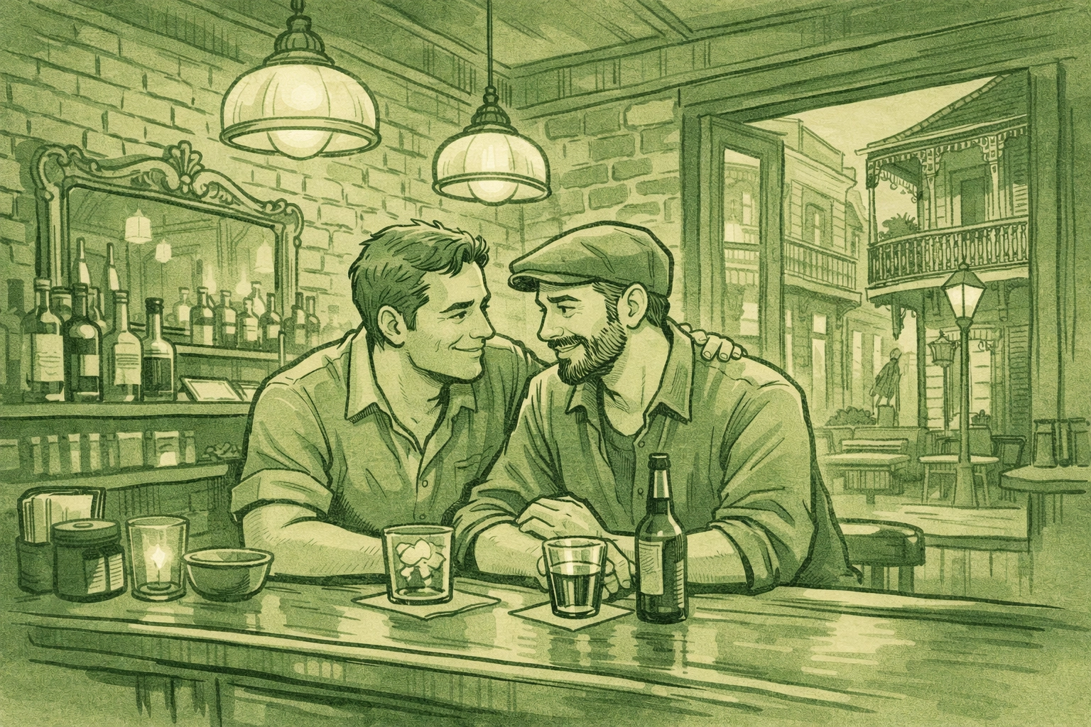 Two men sharing drinks at the 700 Club gay-friendly bar in New Orleans French Quarter