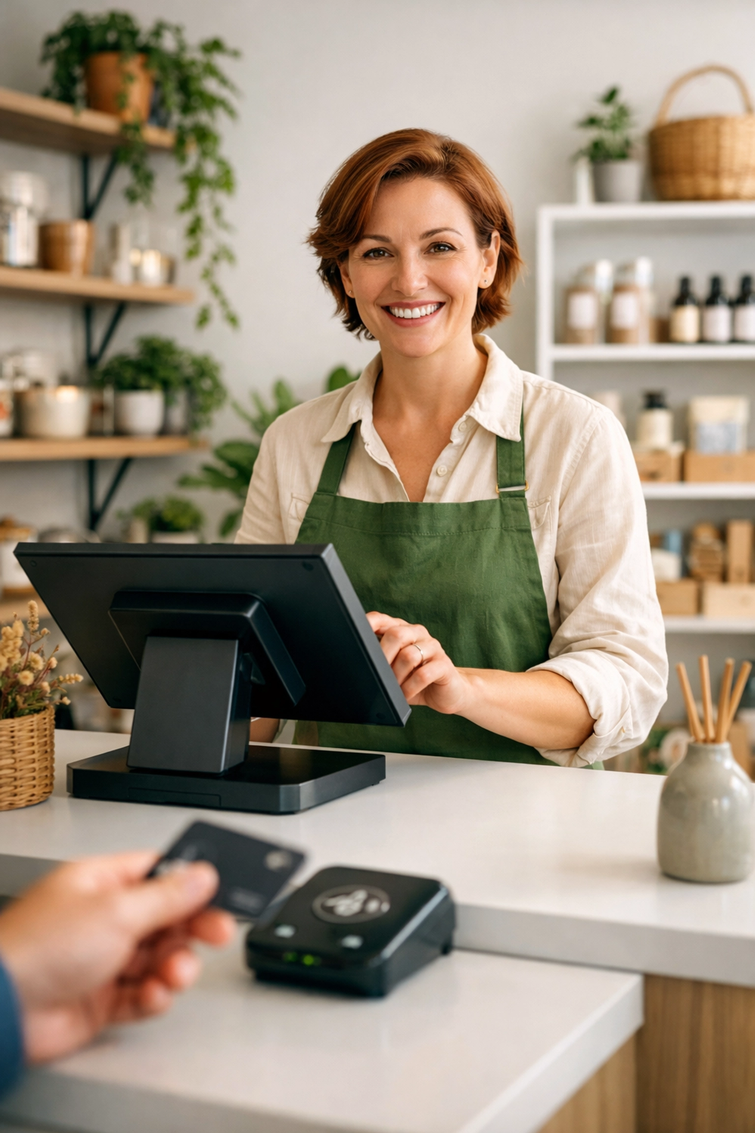 Friendly store owner processing a transaction using an epos now till system terminal.