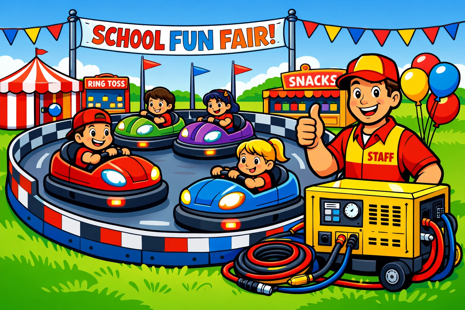 TDSB & SCDSB Approved: How We Make School Fun Fairs Actually Fun (and Safe!) 2 Professional staff managing bumper cars and generators at a busy Ontario school fun fair event.