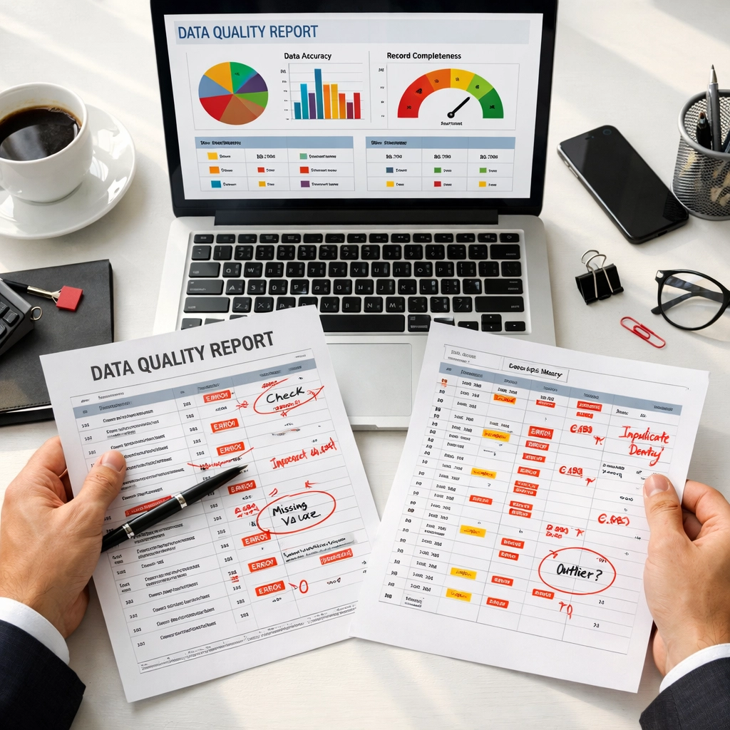 Business analyst reviewing data quality metrics and analytics dashboards for AI readiness