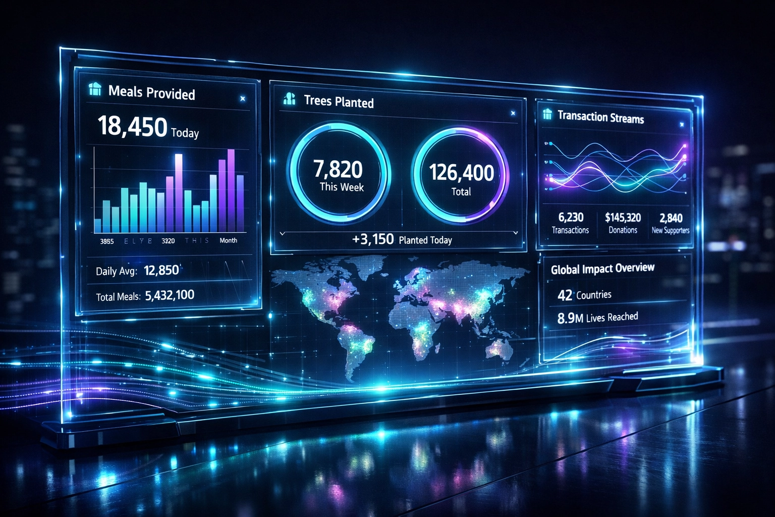 Dashboard displaying real-time impact metrics: meals funded, trees planted, transaction data