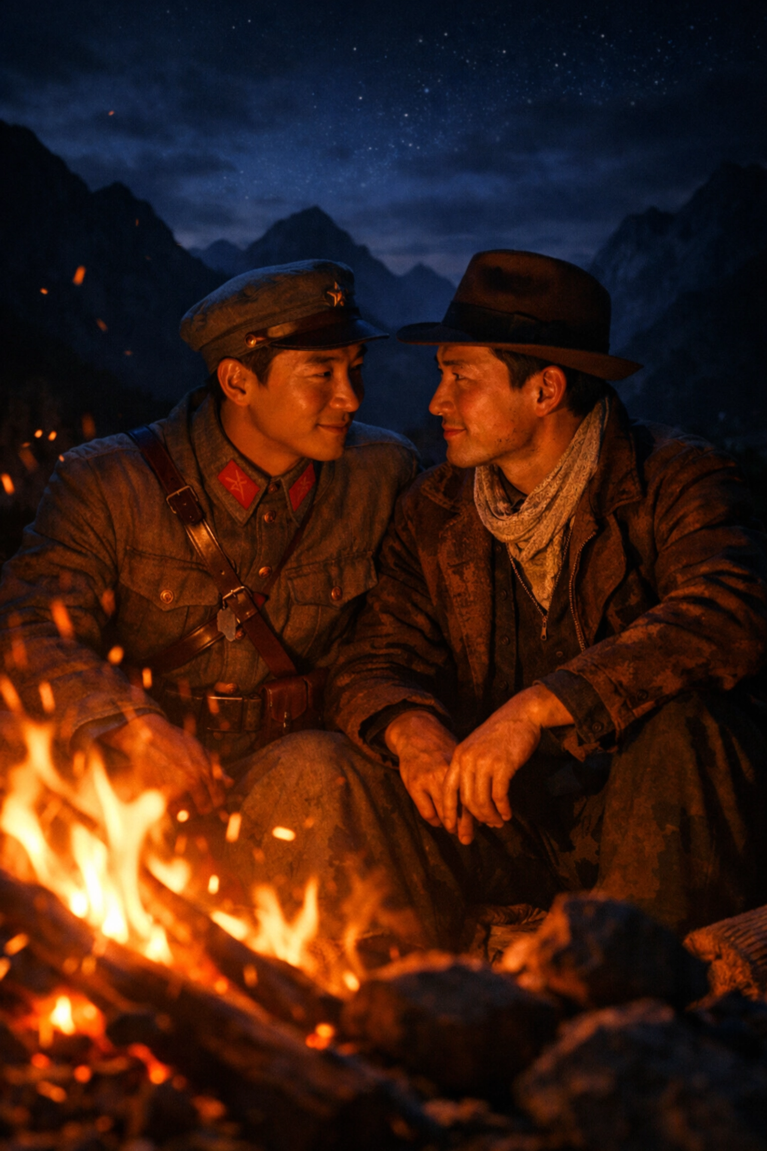 Two men share intimate moment by campfire during wartime journey to Chongqing China