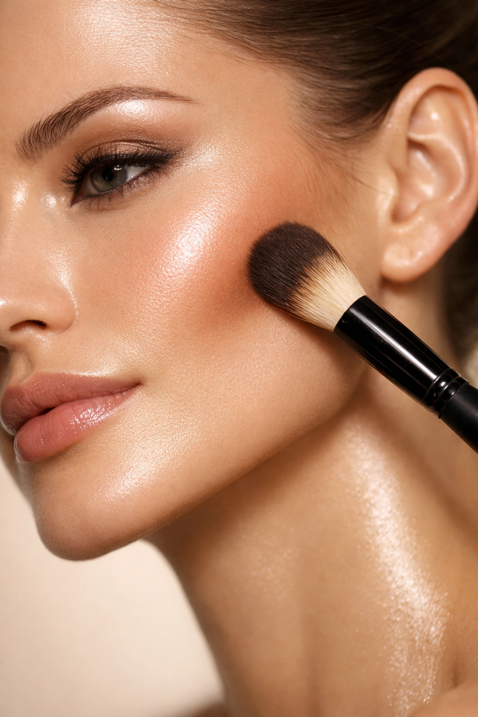 Applying bronzer to cheekbone with fluffy brush for sculpted executive makeup look