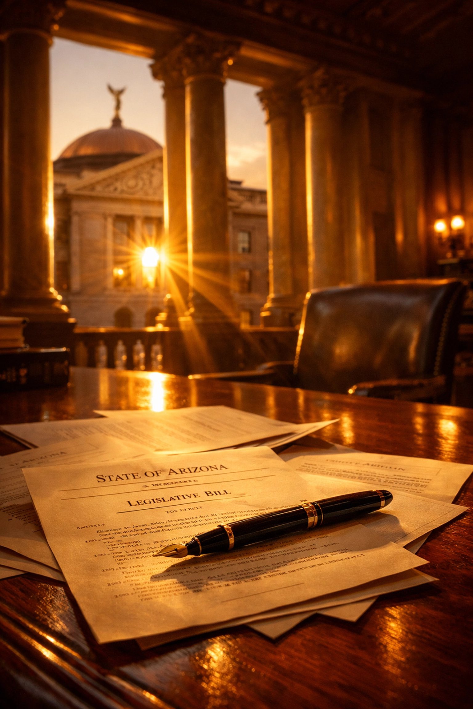 Arizona State Capitol building with legislative documents for SB 1255 Arizona Jazz Day observance