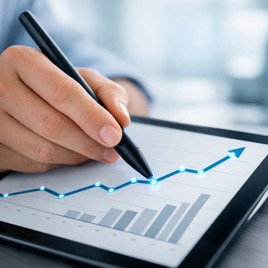 Digital growth chart on a tablet representing strategic improvements to increase Alabama business value.