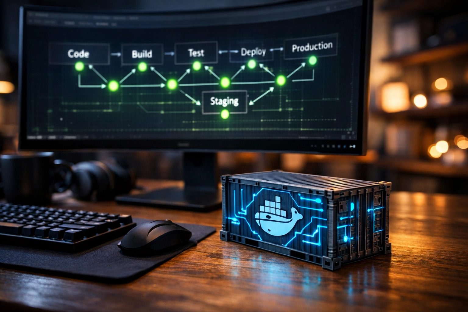 Professional developer desk with CI/CD monitoring and a Docker container representing AI production code.