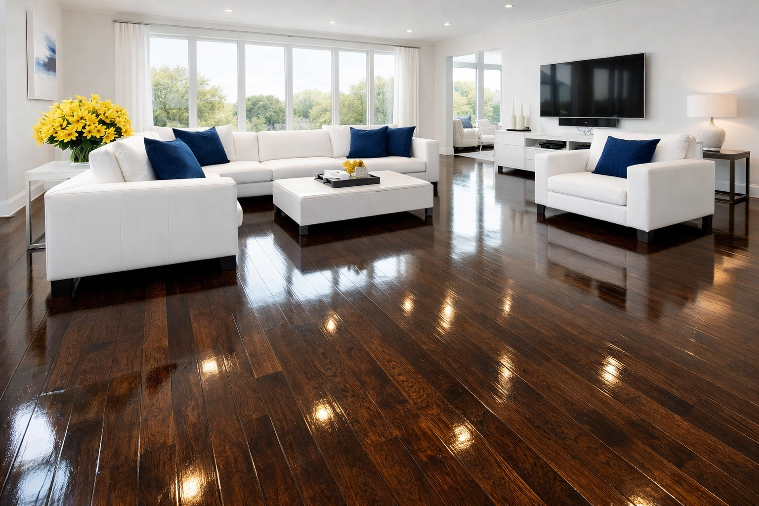 Bright clean living room with pristine hardwood floors reflecting The Cleaning Ninjas quality.
