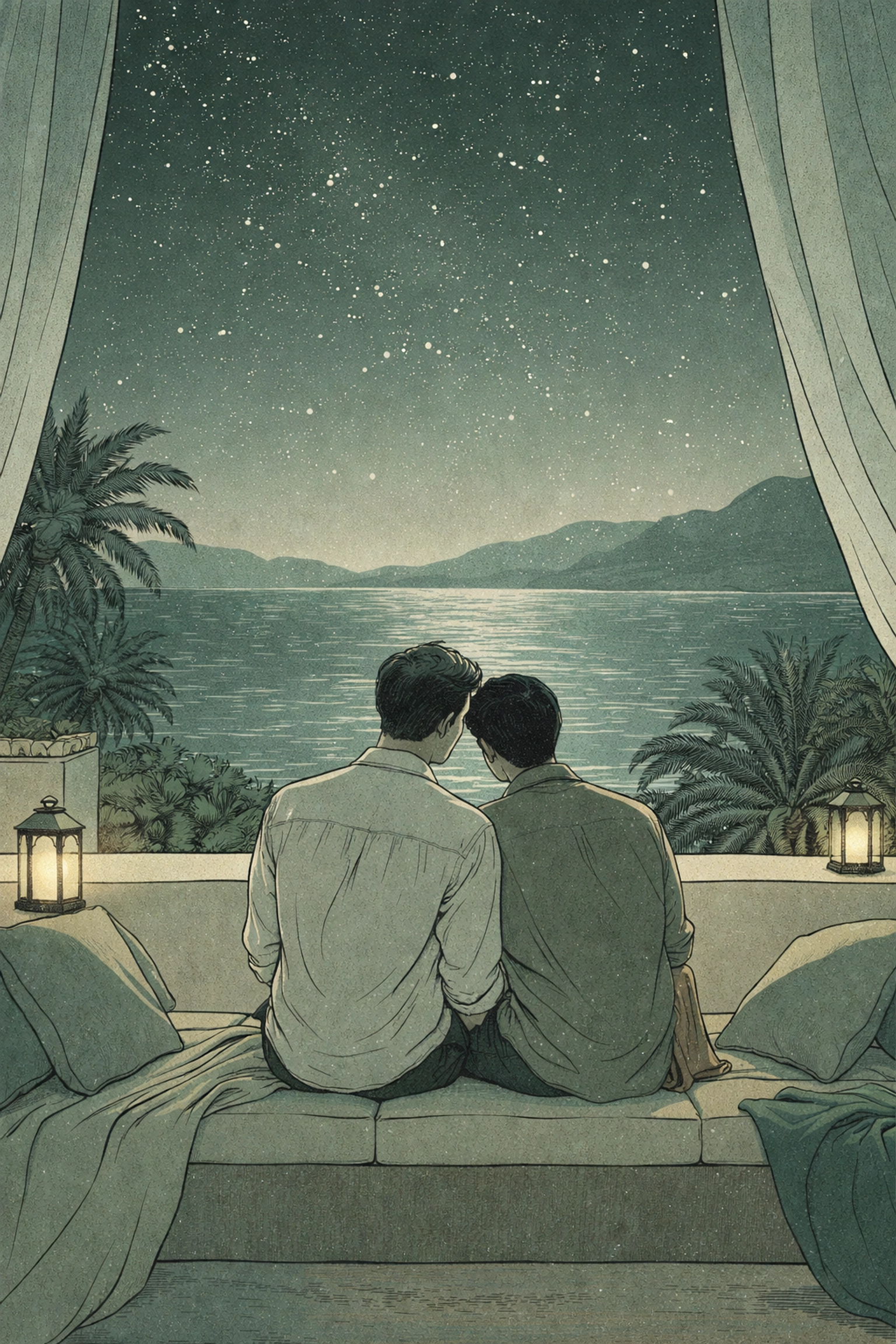 Two men share an intimate moment on a rooftop terrace in Sharm El-Sheikh, gazing at starry skies, highlighting forbidden MM romance.