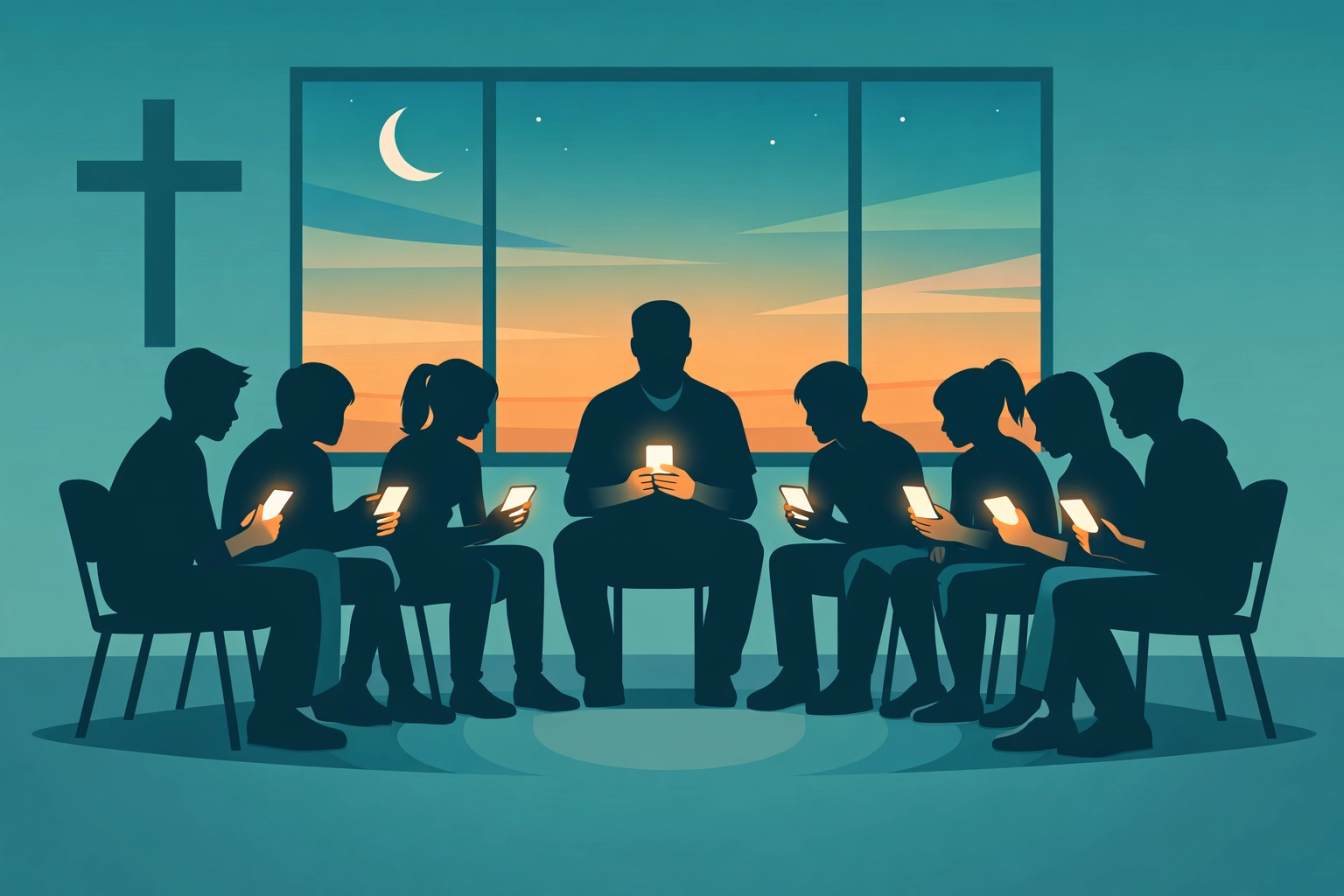 Youth group meeting with supervised smartphone use and digital accountability at church