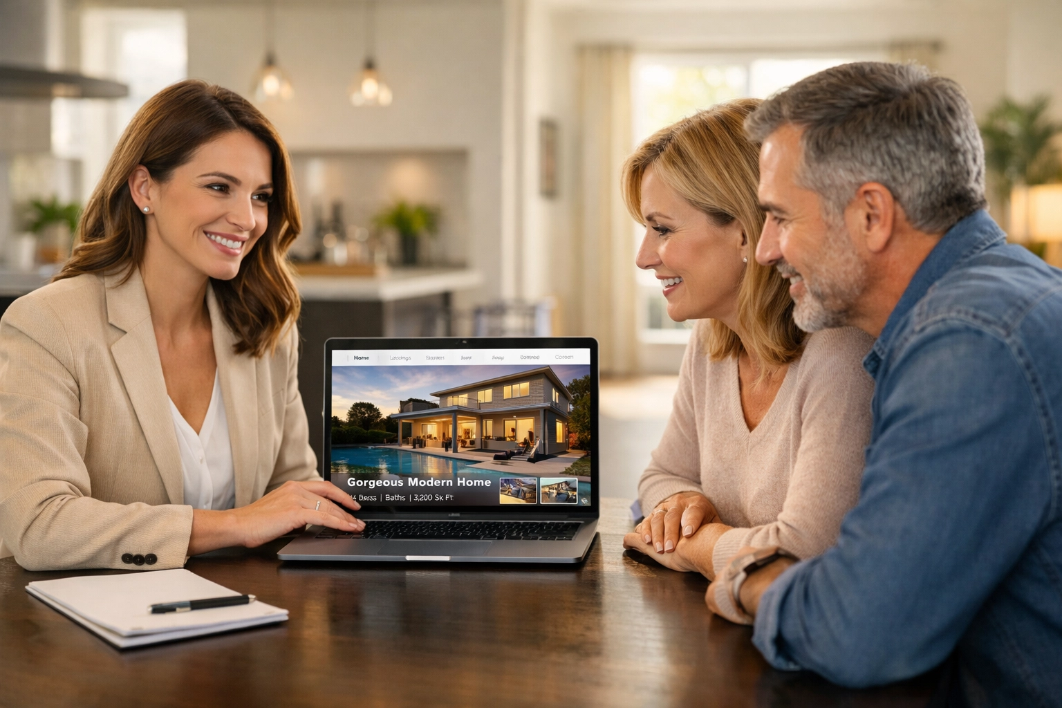 Real estate agent showing single-property website to homeowners during listing presentation