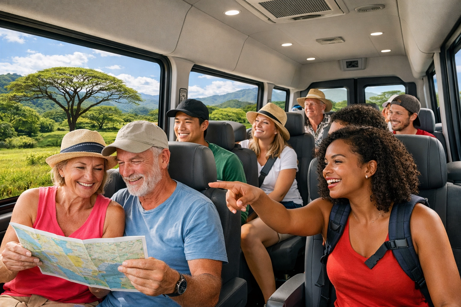 Tourists enjoying a comfortable Liberia airport transportation ride through the Guanacaste landscape.