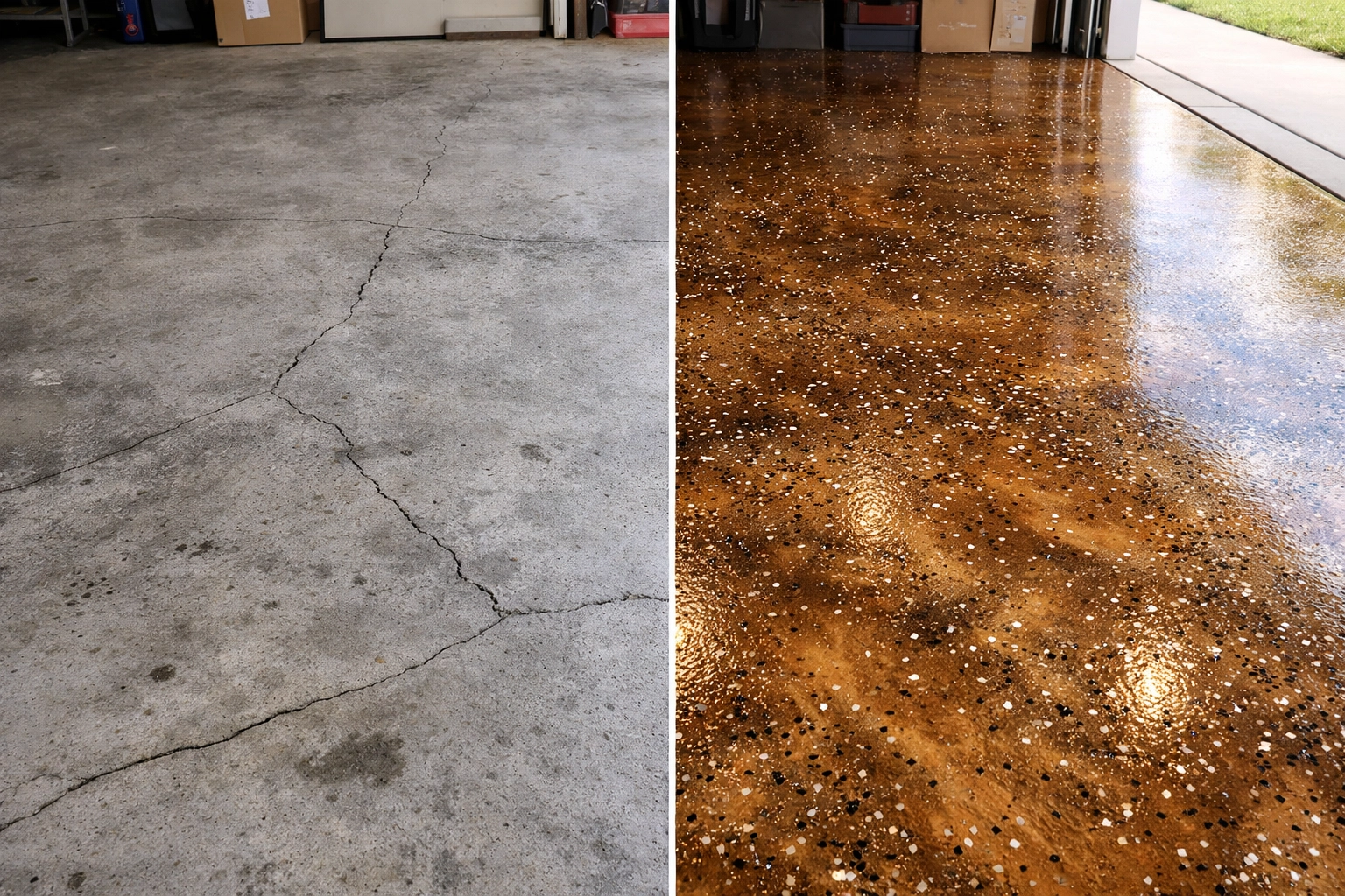 Before and after garage floor transformation with metallic epoxy coating and color flakes
