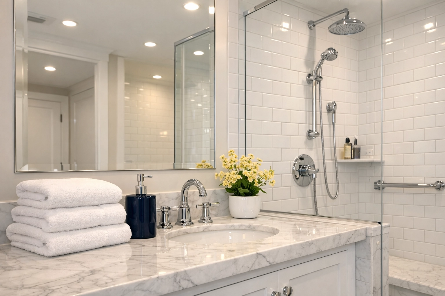 Sanitized luxury bathroom with clean marble vanity and grout from deep cleaning services in Boston.
