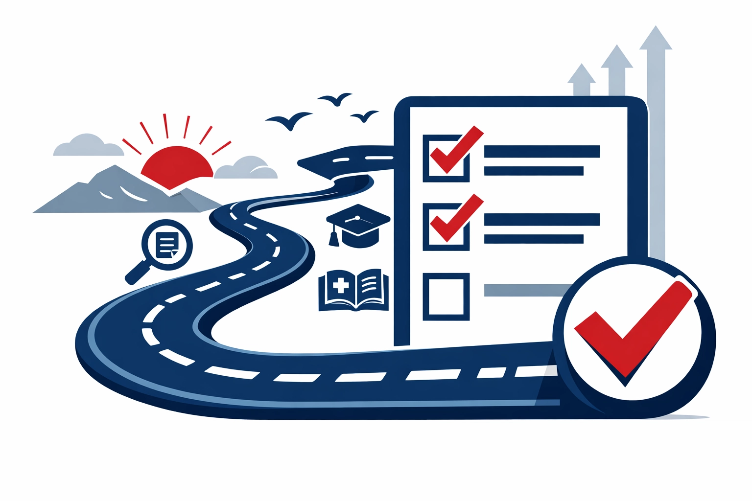 A winding road leading to a checklist and checkmark, representing the path to passing the Transport Manager CPC exam.