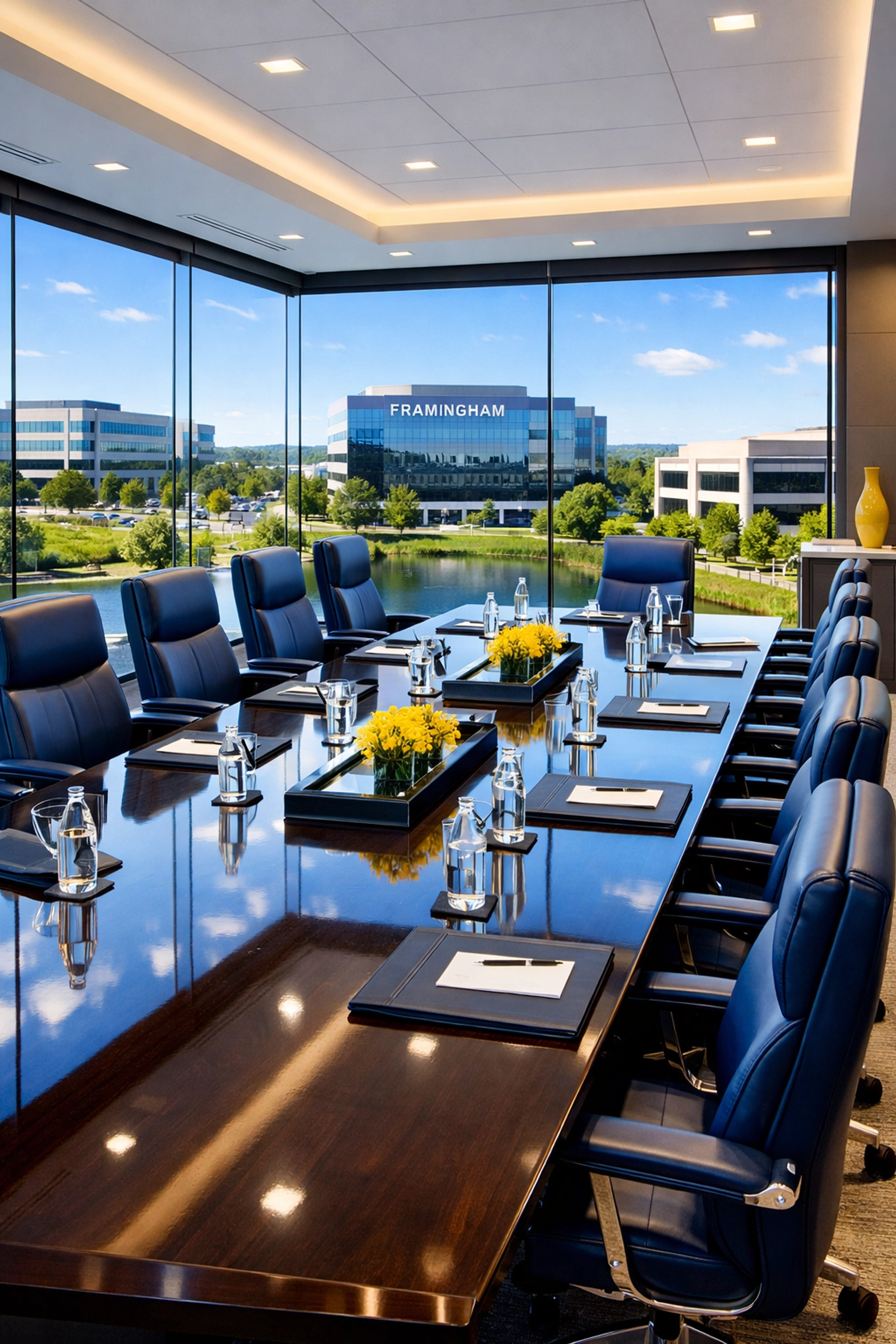 Dust-free executive boardroom in Framingham with a polished table maintained by professional commercial cleaning.