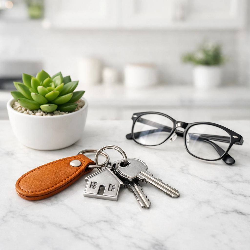 House keys on a marble counter representing a smooth retirement downsize in Wesley Chapel FL.