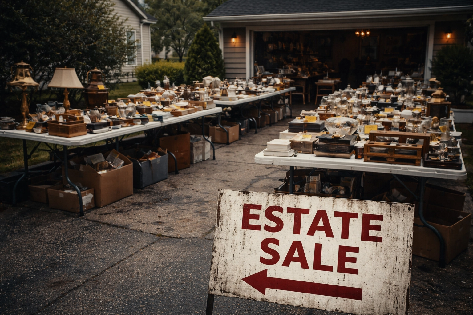 Cluttered suburban driveway in Columbus set up for a traditional estate sale with assorted household items on tables