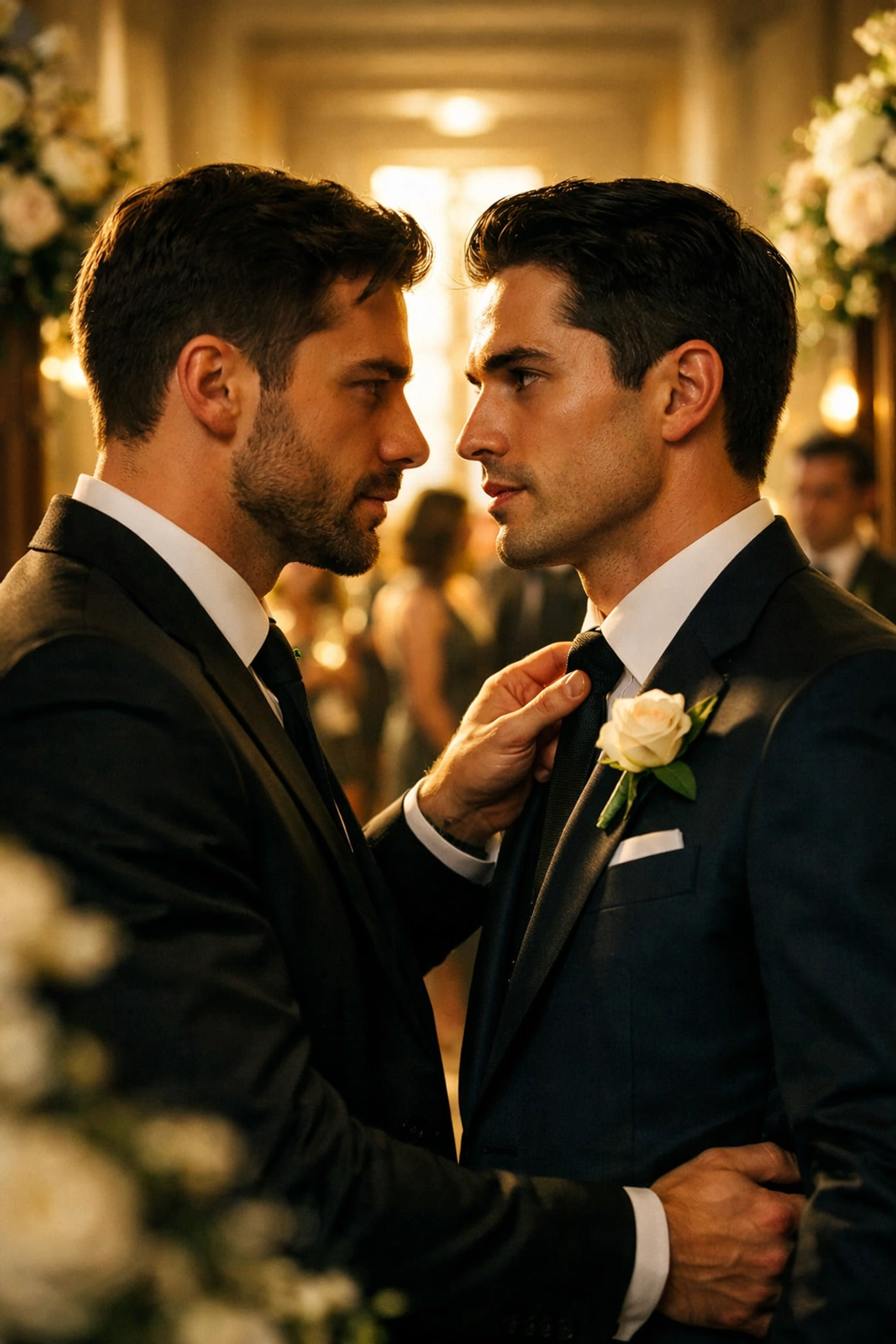 Best man and groom sharing an intense look at a wedding, illustrating a powerful MM romance bi-awakening.