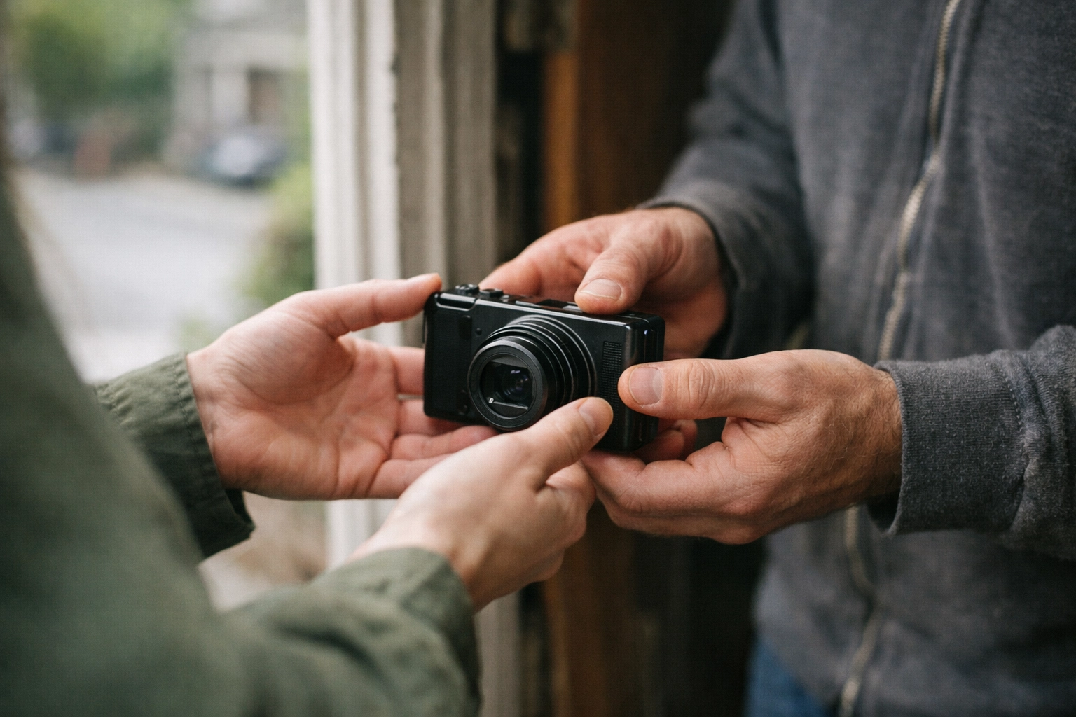 Candid photo of a casual doorstep handoff of a rented item (camera)