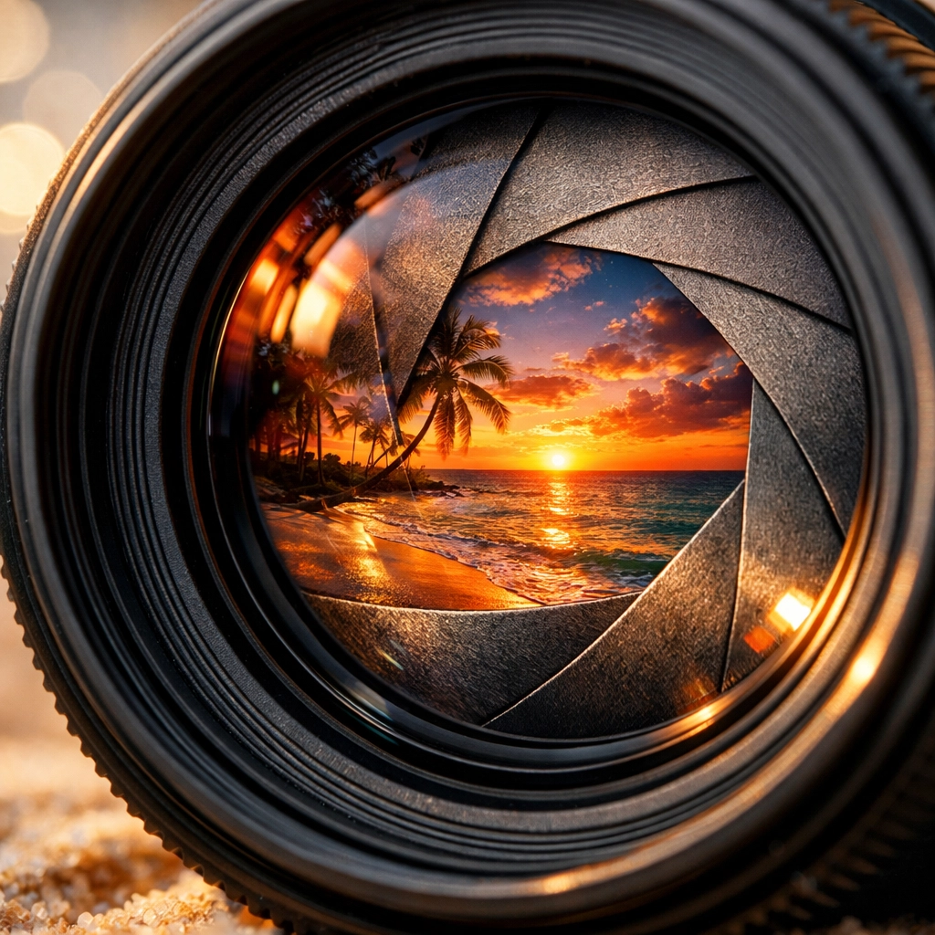 Macro camera lens reflecting a beach sunset, illustrating core photography for beginners concepts.