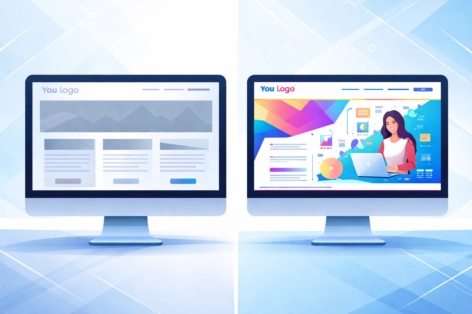 Comparison of generic website template design versus unique custom website layout on computer screens