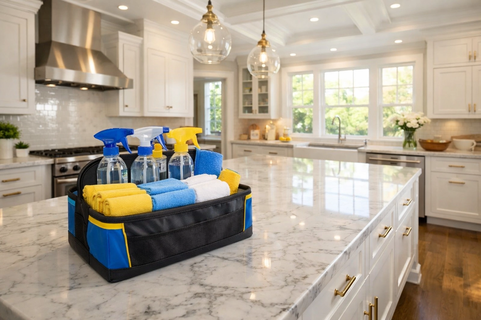 Professional cleaners MA kit on a pristine marble kitchen counter in a luxury Massachusetts home.