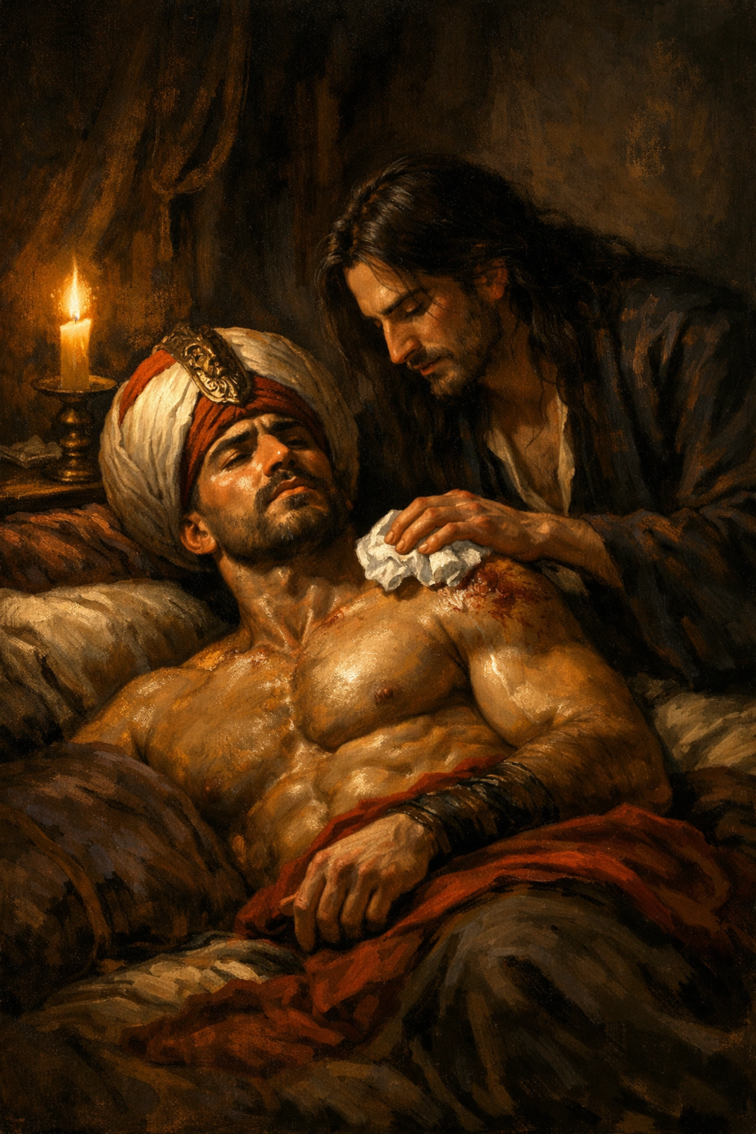 A healer tending to a wounded Janissary in a candlelit room, a staple of hurt comfort historical MM romance.