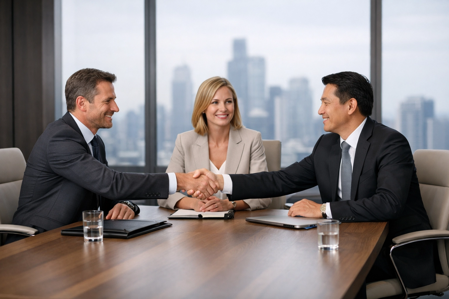 Professional business negotiation in a modern Mississippi office facilitated by a business broker.