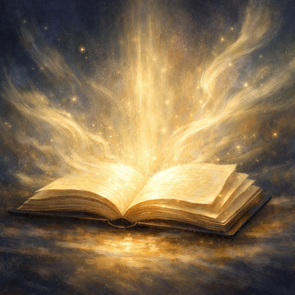 Open book with glowing light symbolizing spiritual wisdom and biblical guidance