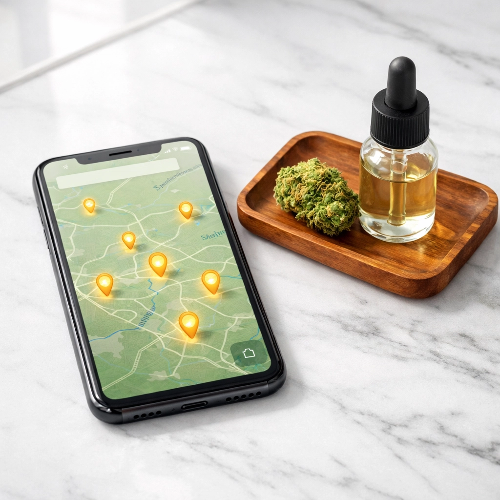 A smartphone showing an interactive cannabis dispensary map next to a fresh bud and oil bottle.