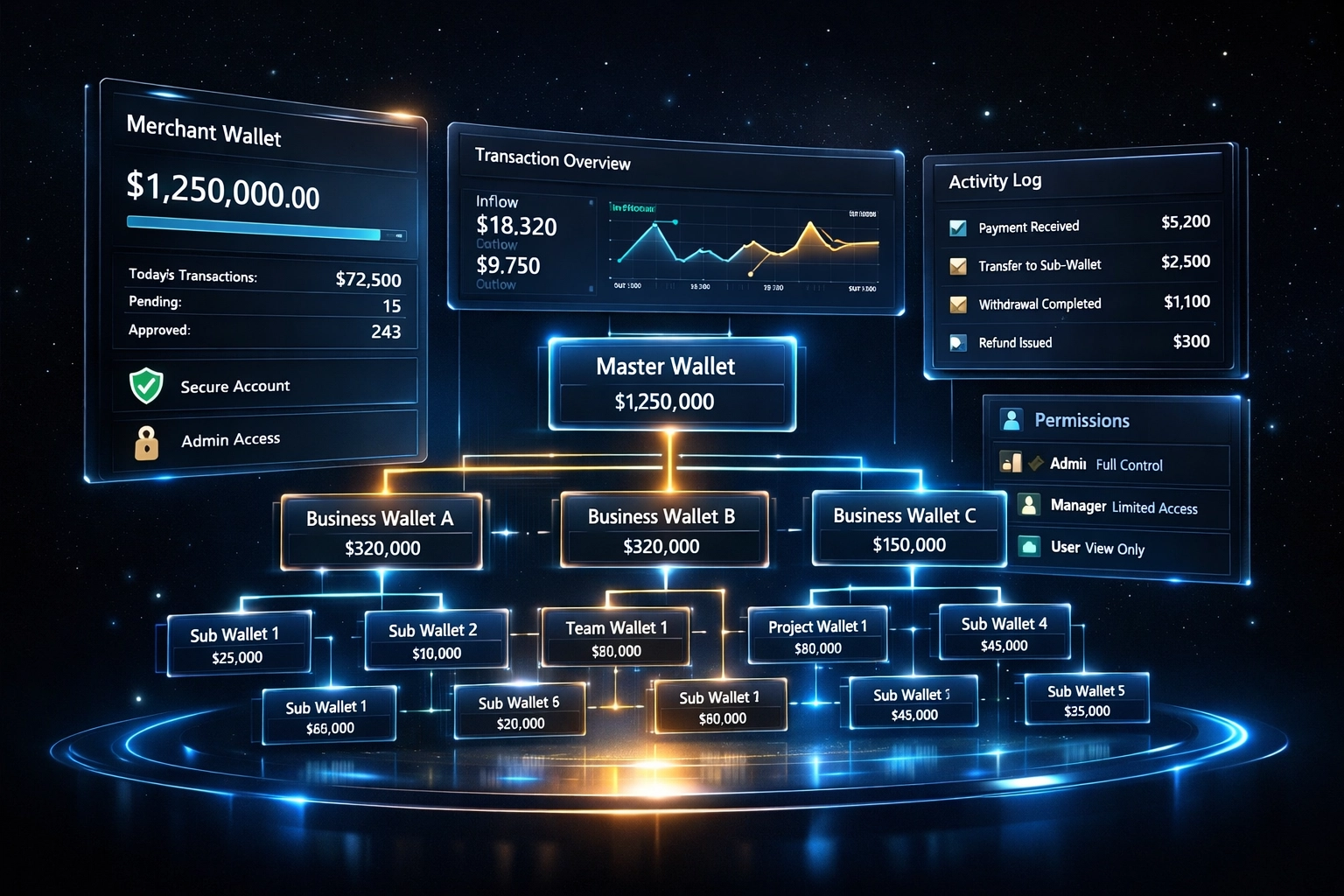 Larecoin enterprise merchant wallet dashboard with master and sub-wallet management system