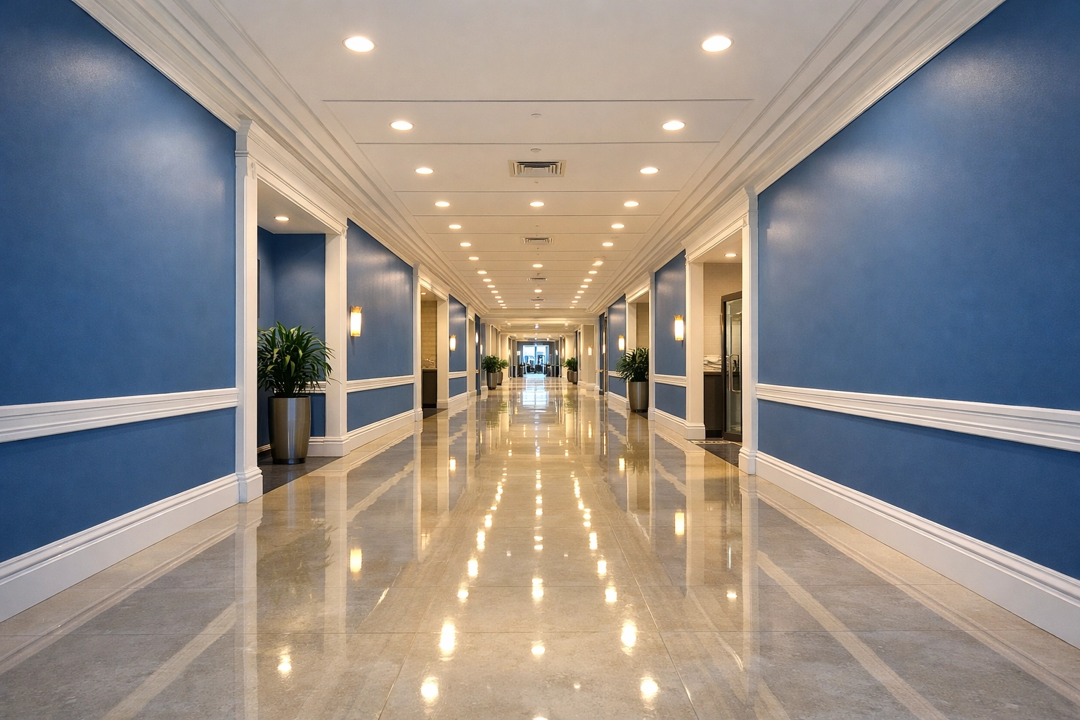 A gleaming commercial hallway with buffed floors, demonstrating expert janitorial services for Pepperell businesses.
