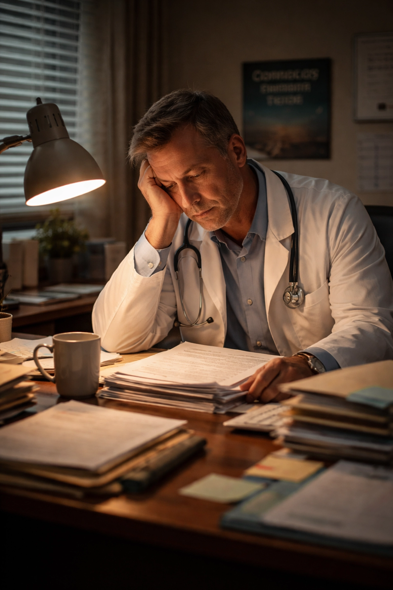 Exhausted healthcare practice owner at cluttered desk surrounded by paperwork, illustrating motivation loss in medical practice management.