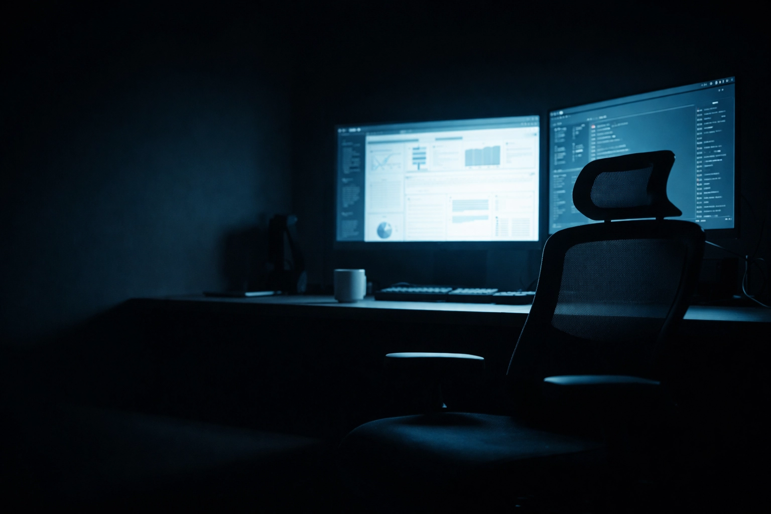 Empty desk with CRM dashboards glowing on monitors, representing the costly reality of remote SDR turnover