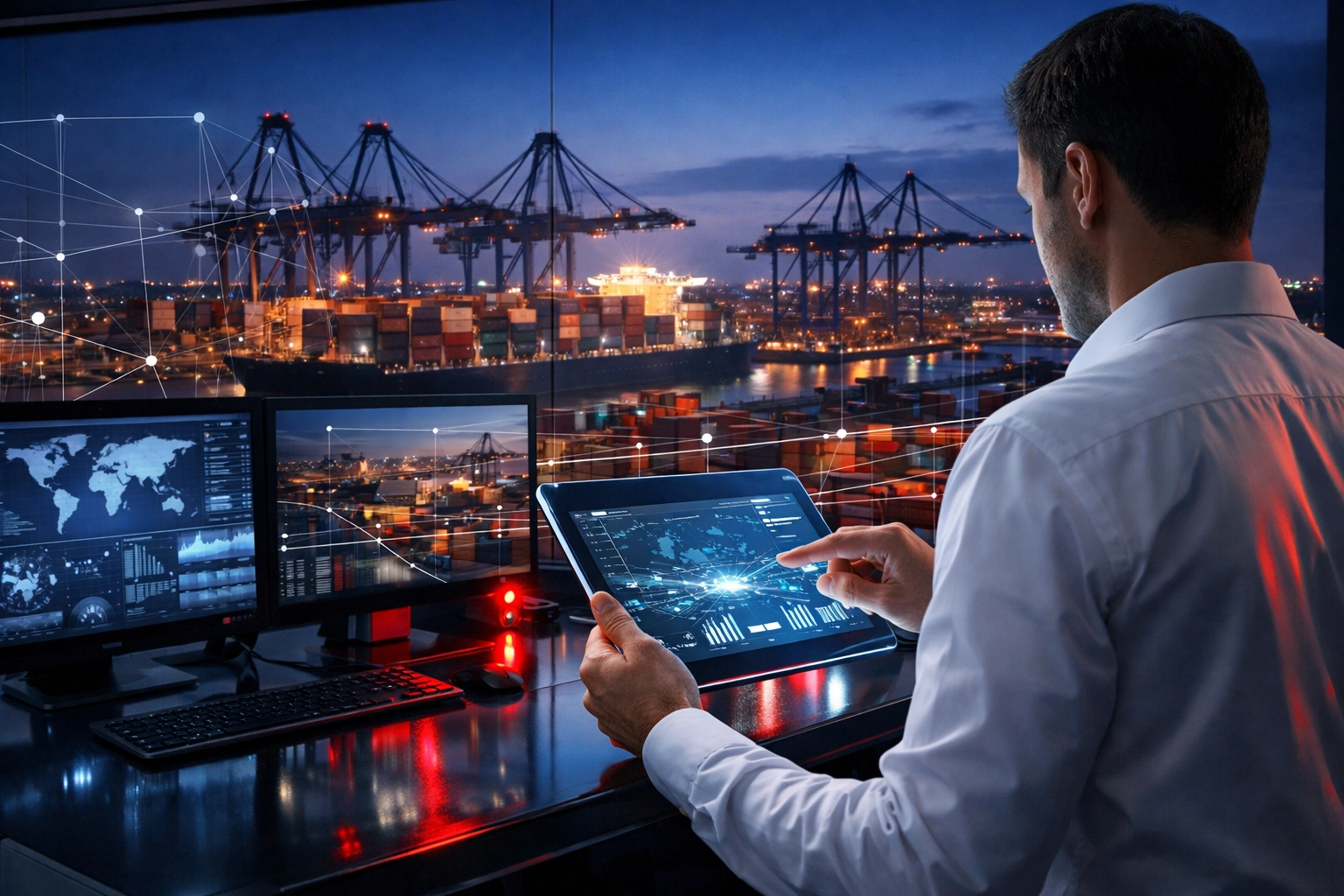 Logistics professional monitors real-time shipping data in a high-tech Miami terminal for a 3PL Florida strategy.