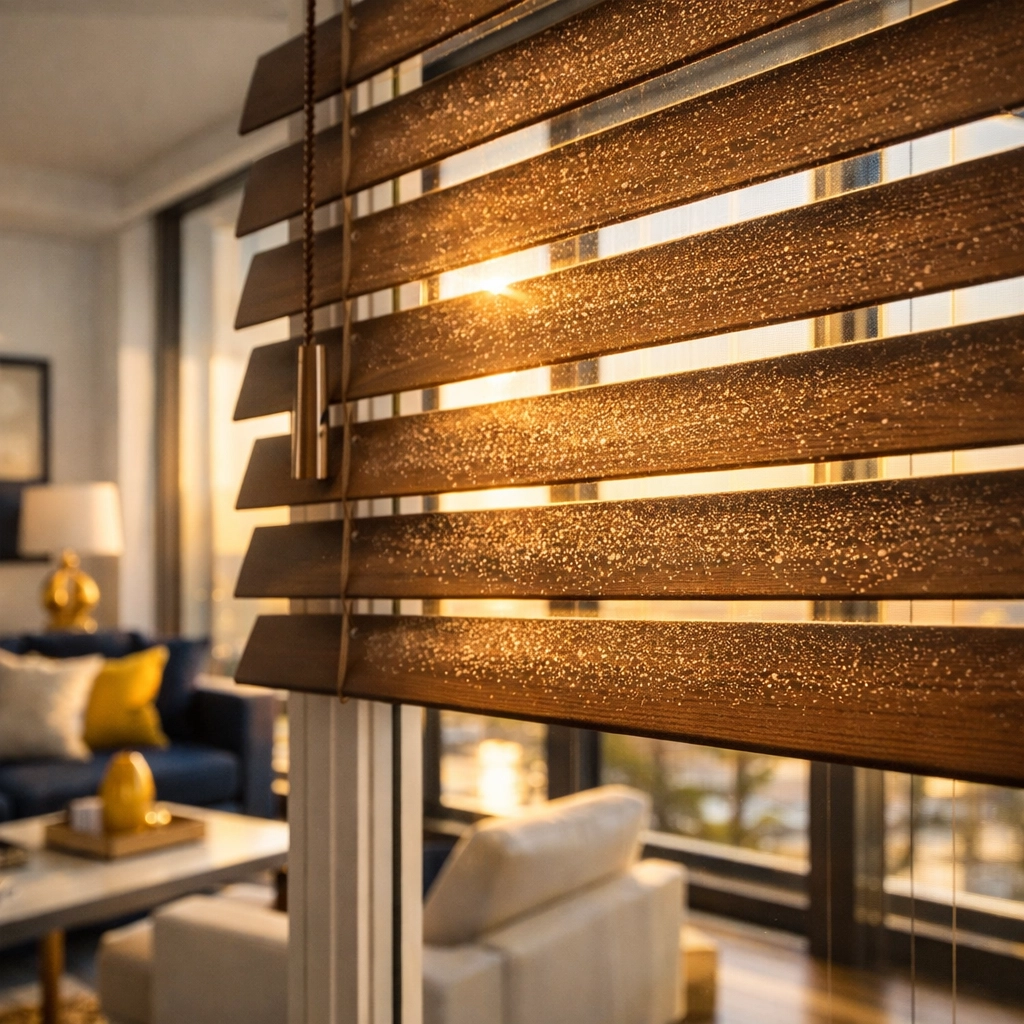 Close-up of dust buildup on luxury faux-wood window blinds in a sunny modern living room.