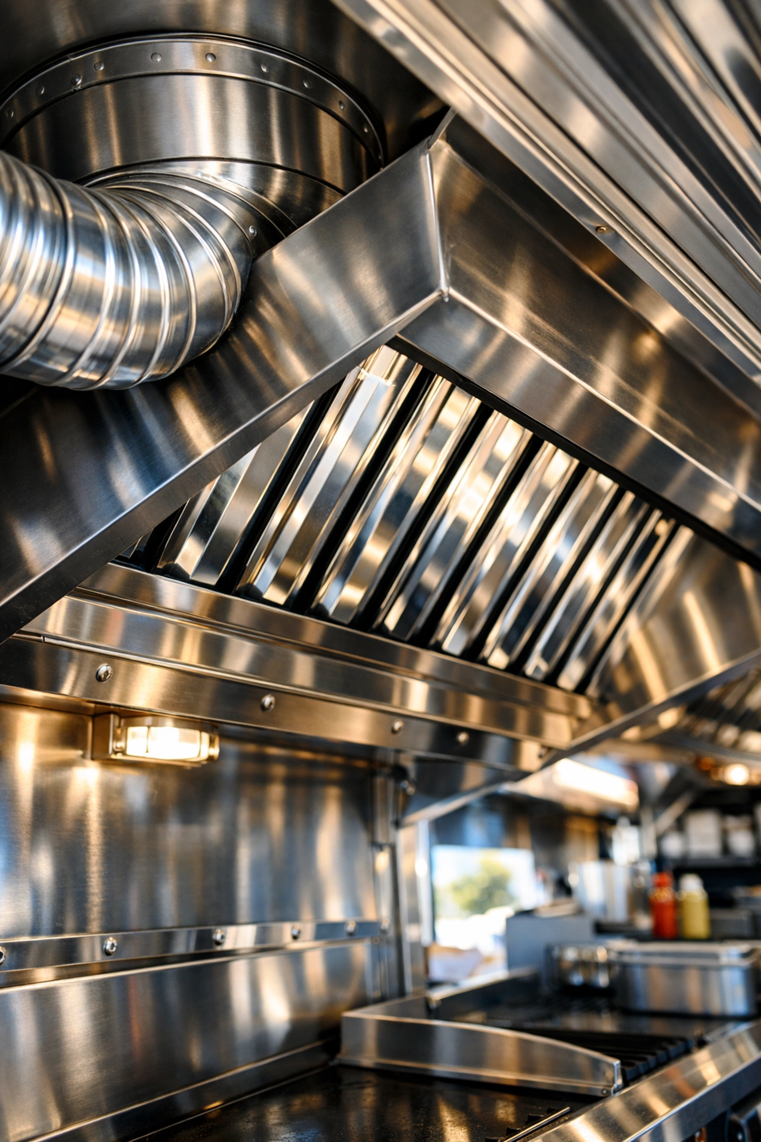 Spotless food truck exhaust hood and ventilation system showing proper maintenance